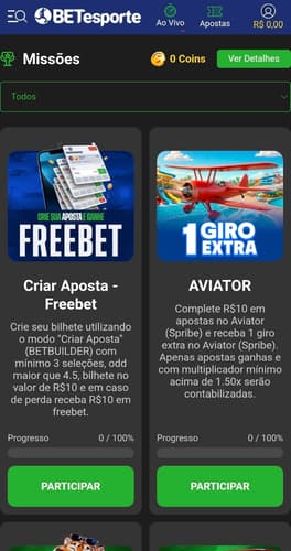 Captura de tela das missões disponíveis para usuários cadastrados e para quem ativou o código BETesporte, com recompensas de giros e apostas grátis.