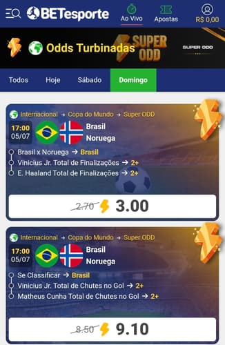 Captura de tela dos bilhetes com SuperOdds na BETesporte.