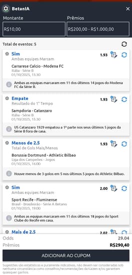 Captura de tela com BetanIA da Betano que seleciona apostas com inteligência artificial