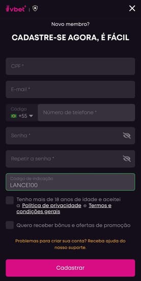 Captura de tela da página de cadastro da casa de apostas Vbet