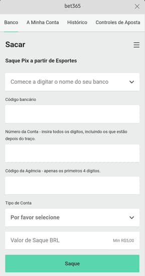 Página de saque via Pix Bet365