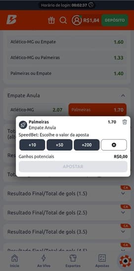Aposta na vitória do Palmeiras no Empate Anula na partida contra Atlético-MG na Betano
