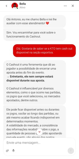 Captura de tela do chat ao vivo da KTO com uma pergunta relacionada ao cash out.