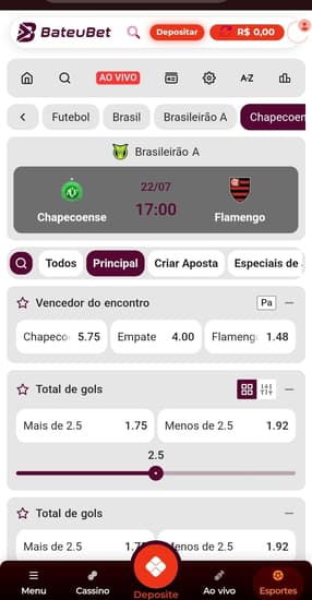 Captura de tela da Bateubet, um dos destaques entre as bets de 10 reais exibindo um jogo com Pagamento Antecipado.
