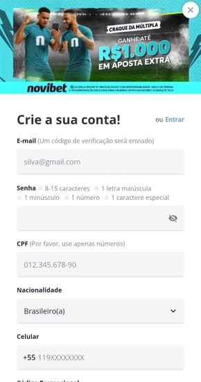 Captura de tela do formulário de registro na Novibet, a melhor bet de 10 reais do Brasil na atualidade.