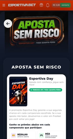 Captura de tela da Esportiva Bet com a Aposta Sem Risco, válida para apostas esportivas na bet de 10 reais.