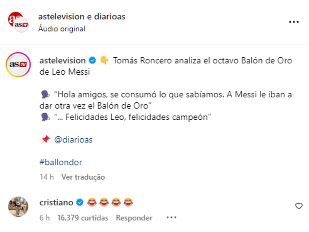 Cristiano Ronaldo ironiza Bola de Ouro de Messi; veja