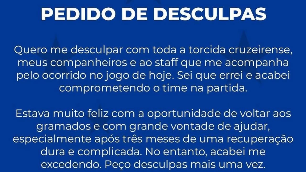 Atacante do Cruzeiro se desculpa após expulsão: Me excedi