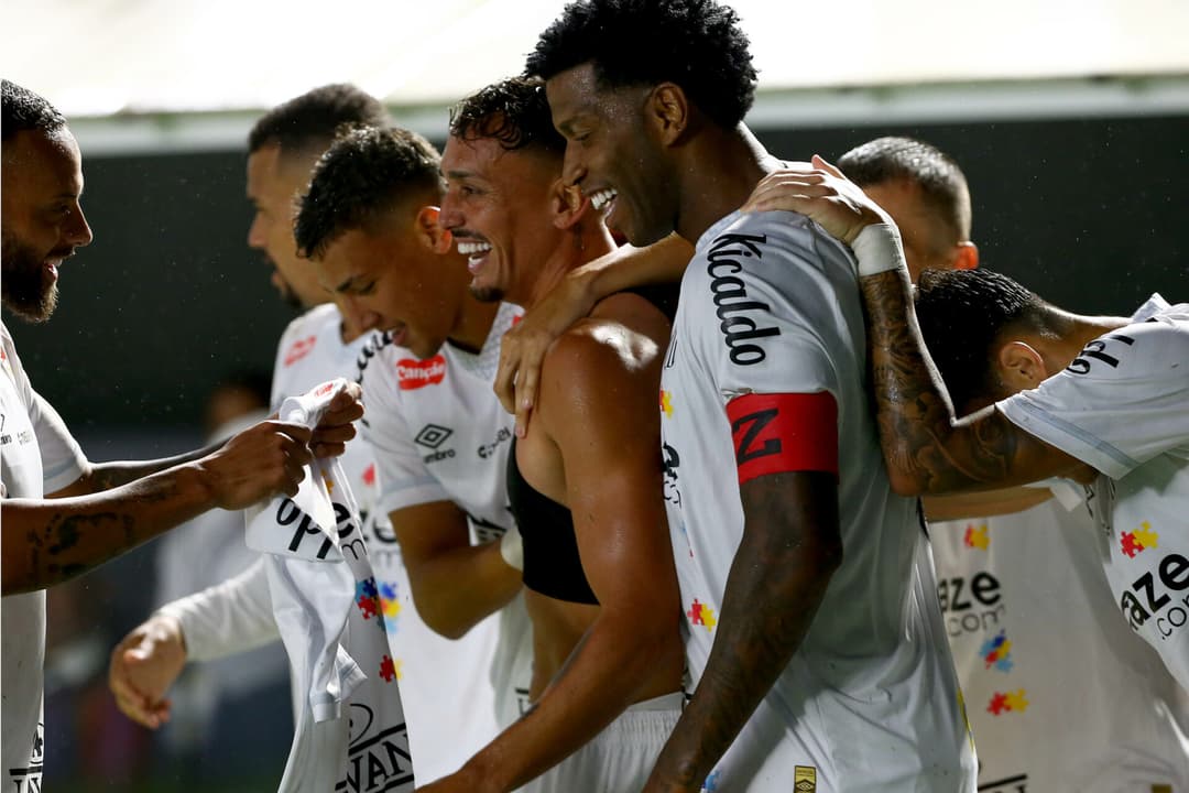Jogadores do Santos comemoram gol de Diego Pituca no empate diante do Bahia por 2 a 2, na Vila Belmiro. (Foto: Mauricio De Souza/AGIF)