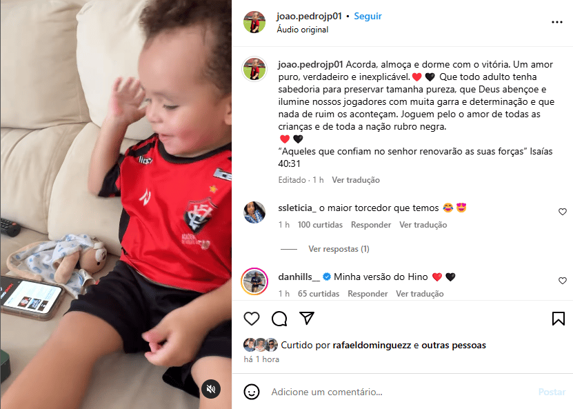 Postagem no Instagram mostra todo o carinho de João Pedro pelo Vitória Foto: Redes Sociais