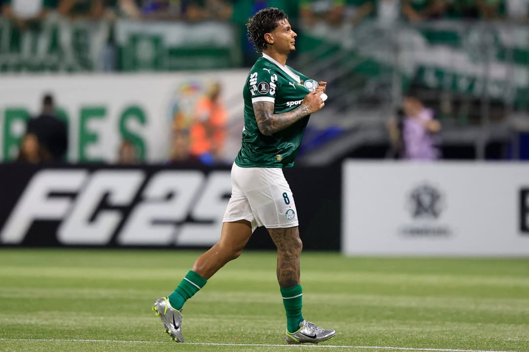 Richard Rios comemora o gol em Palmeiras x Cerro Porteno. (foto: Miguel Schincariol / AFP)