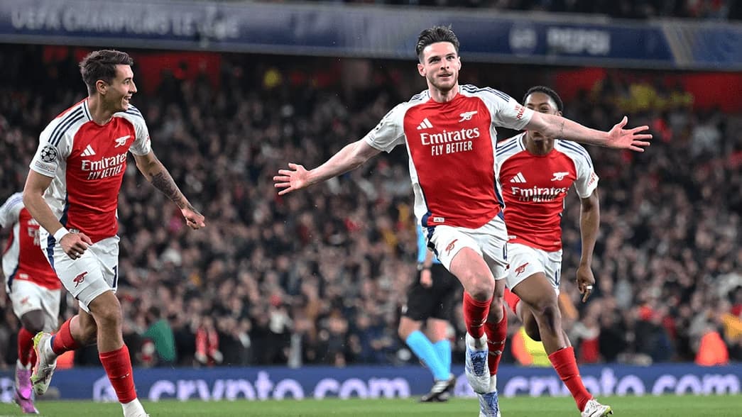 Declan Rice comemorando gol contra o Real Madrid pela Champions (Foto: Reprodução/Arsenal)