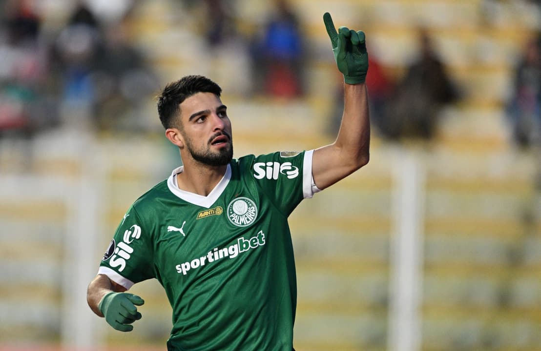 Flaco López comemora seu gol no jogo do Palmeiras contra o Bolívar