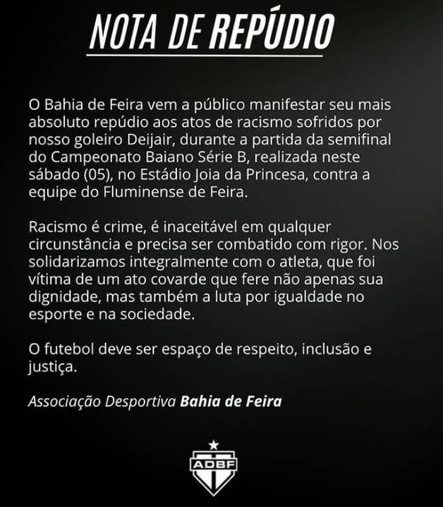 Nota de repúdio publicada pelo Bahia de Feira (Foto: redes sociais)