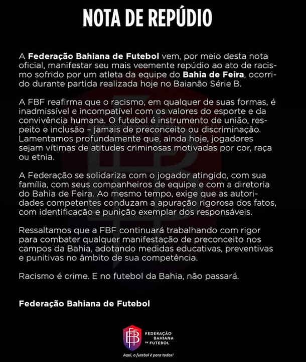 Nota de repúdio da Federação Bahiana de Futebol depois do caso de racismo (Foto: redes sociais)