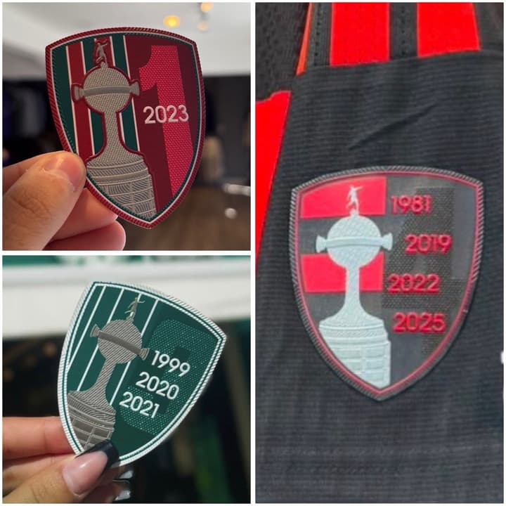 Patches com anos dos títulos da Libertadores de Fluminense, Palmeiras e Flamengo