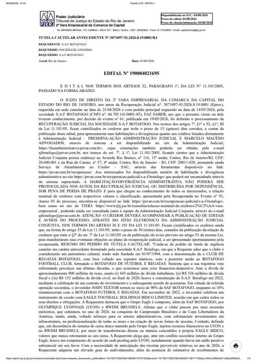 Justica Do Rio Publica Edital Da Recuperacao Judicial Da Saf Botafogo.html