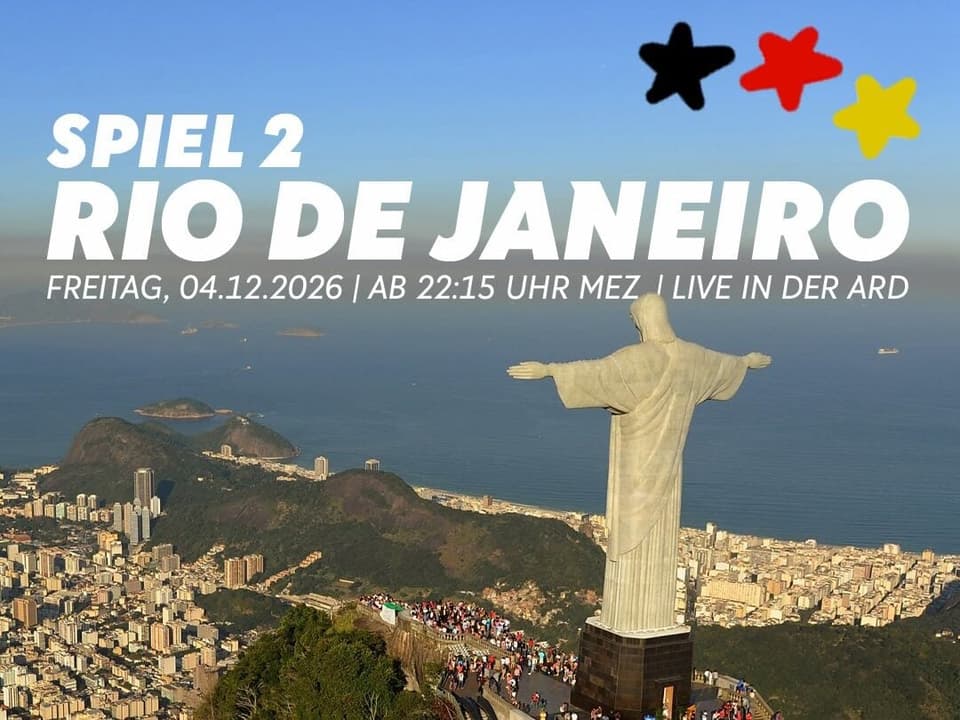 Alemanha feminino: cartaz do jogo 2 em Rio de Janeiro, Cristo Redentor e cidade ao fundo.