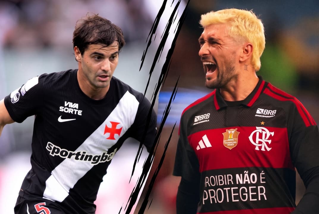 Arrascaeta à direita e Sosa à esquerda em partida de futebol, Flamengo em destaque