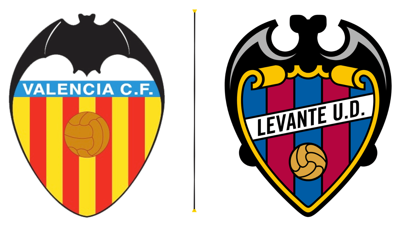 Escudos do Valencia CF e do Levante UD, com bola de futebol entre eles.