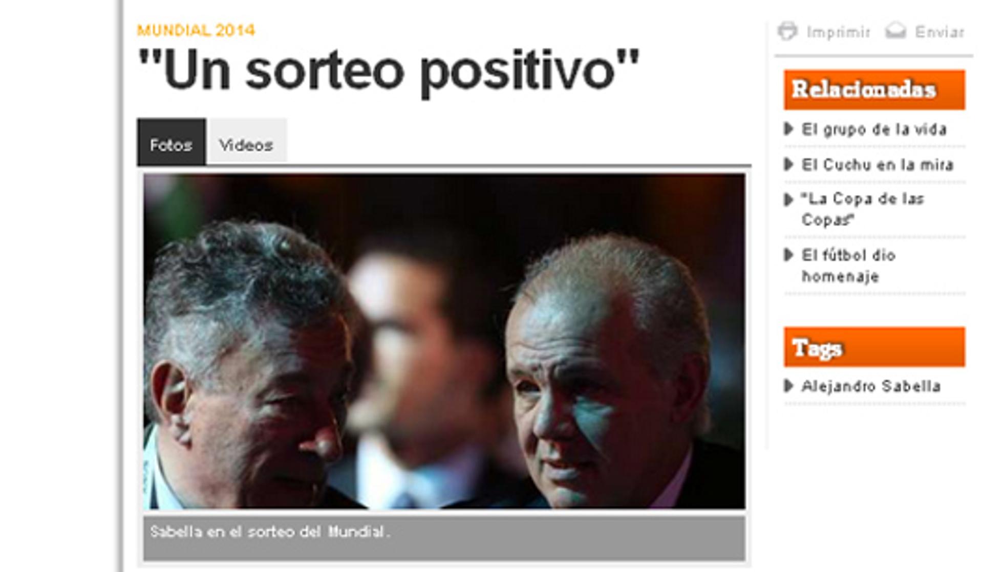 PRINT - 'Sorteio positivo', Olé sobre o grupo da Argentina da Copa-2014 (Foto: Reprodução/Olé)
