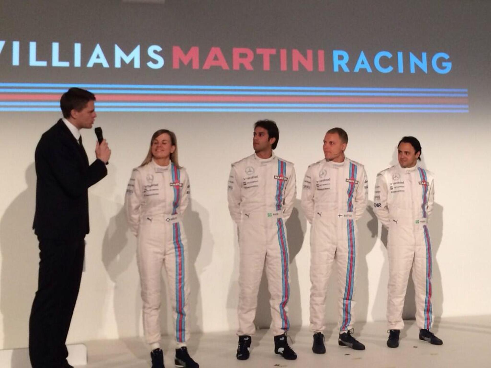 Susie Wolff, Felipe Nasr, Valtteri Bottas e Felipe Massa com as novas vestimentas da equipe Williams, durante evento em Londres (Foto: Reprodução)