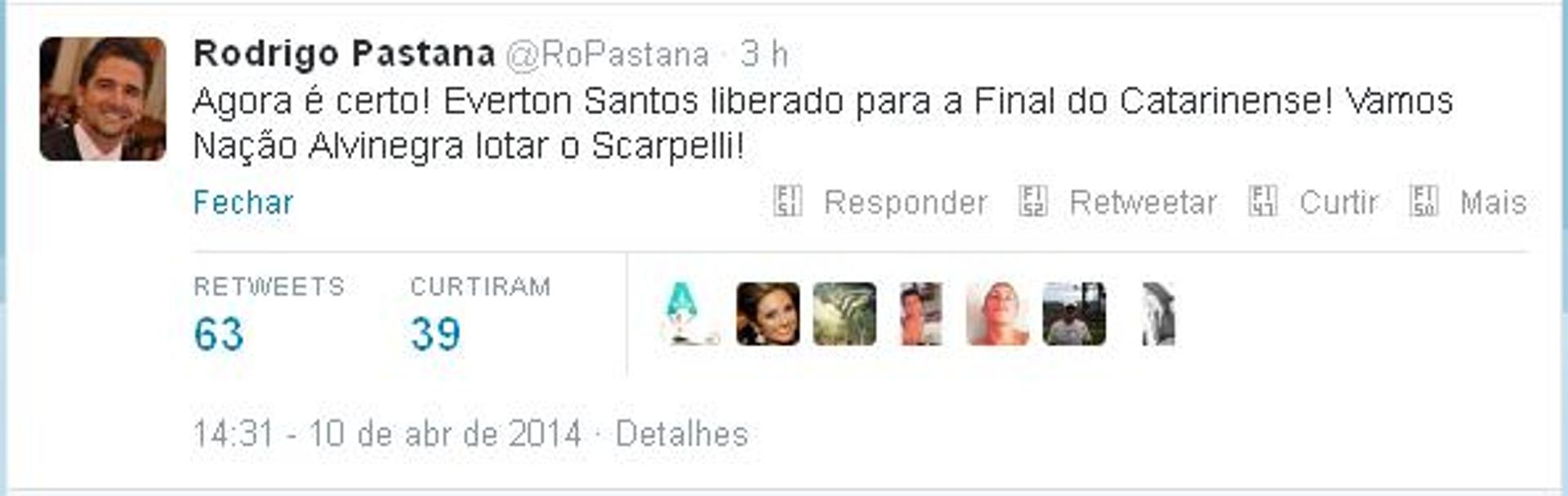Rodrigo Pastana comemora liberação de Éverton Santos em sua conta no Twitter (Foto: Reprodução)