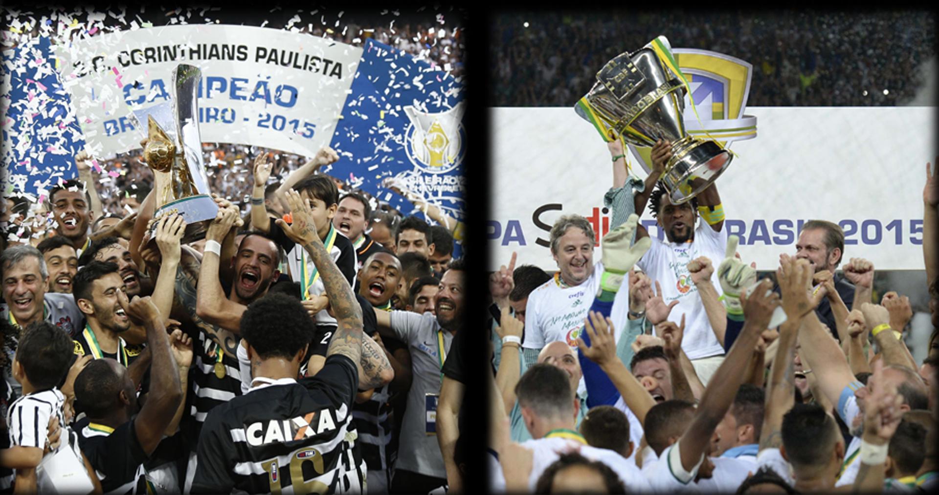 Montagem das taças de Corinthians e  Palmeiras