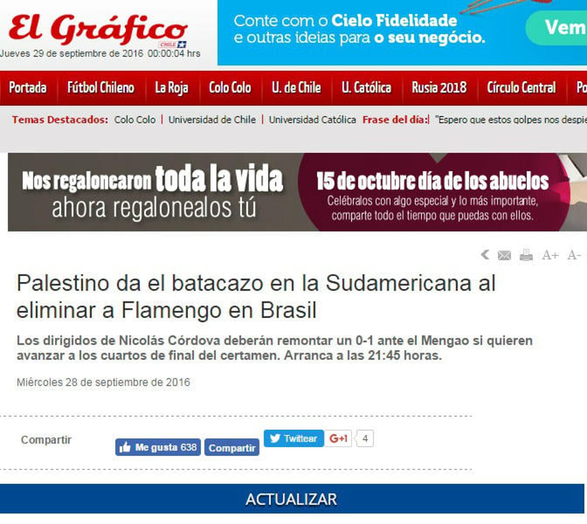 El Gráfico - 'Palestino dá o golpe na Sul-Americana ao eliminar o Flamengo no Brasil'