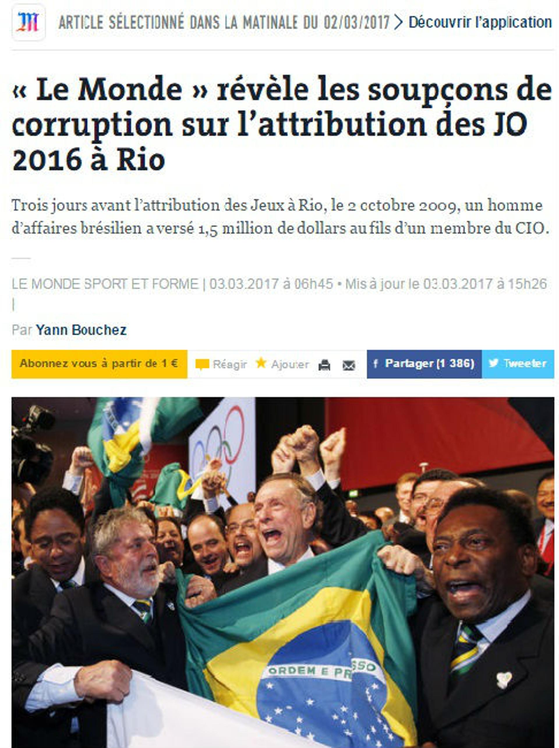 &nbsp;'Le Monde revela suspeitas de corrupção na atribuição dos Jogos Olímpicos de 2016 ao Rio'&nbsp;