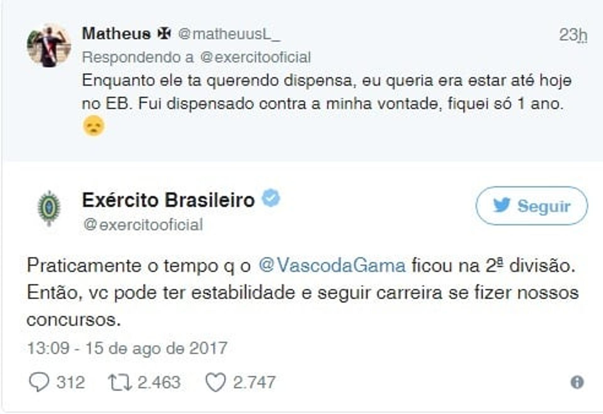 Twitter do Exército tira sarro do Vasco