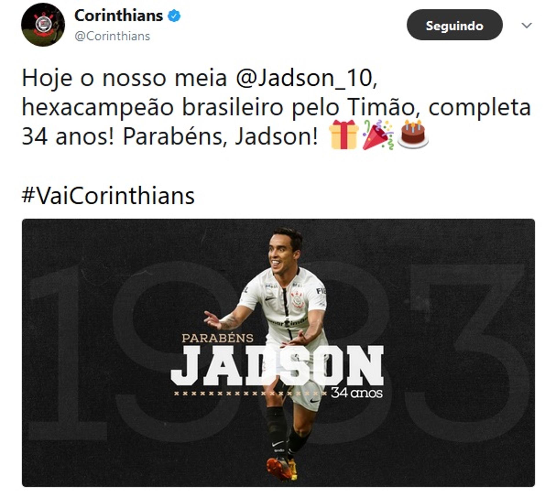 Corinthians parabenizou Jadson pelo aniversário de 34 anos