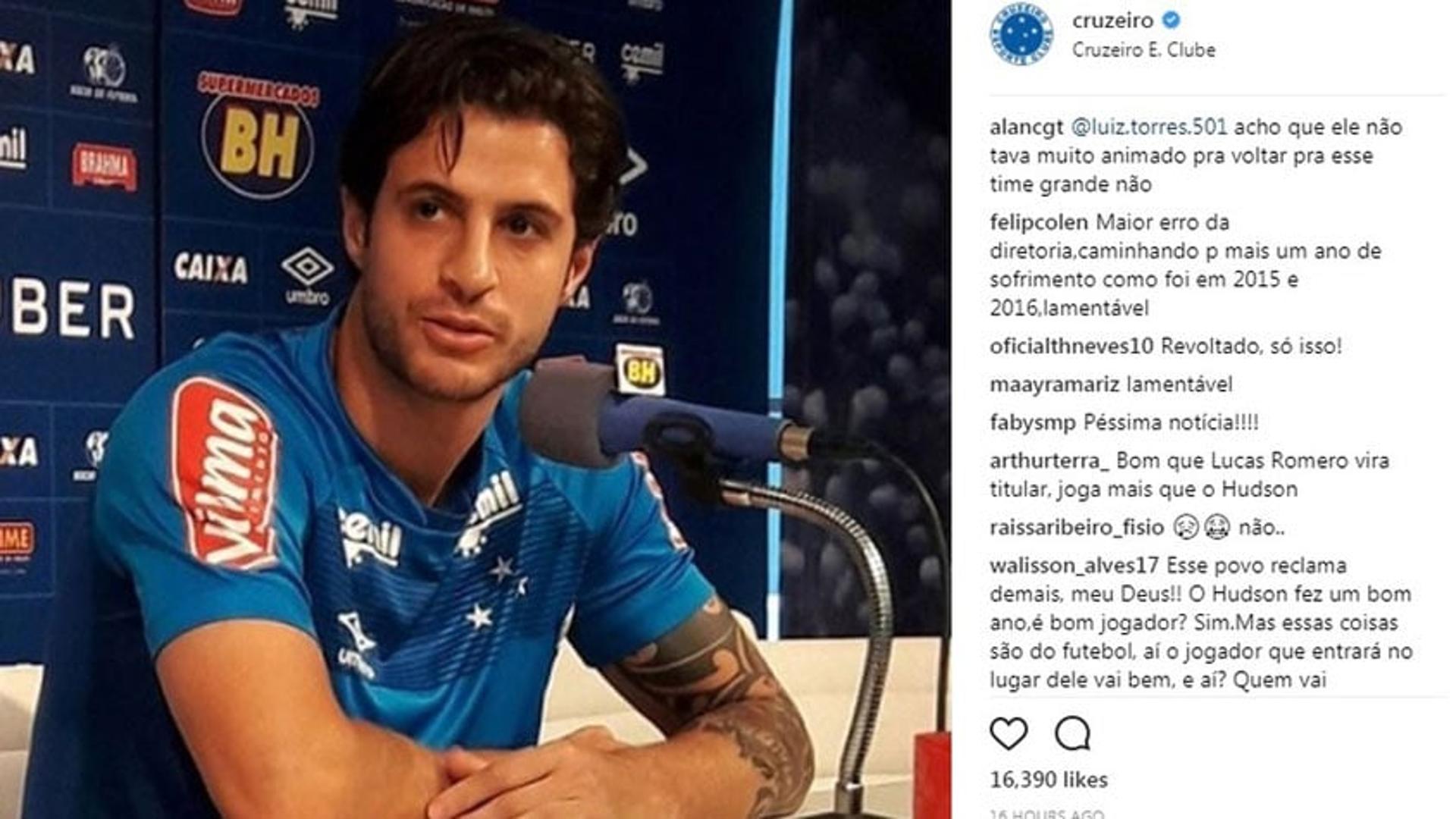Instagram do Cruzeiro - irritação de Thiago Neves