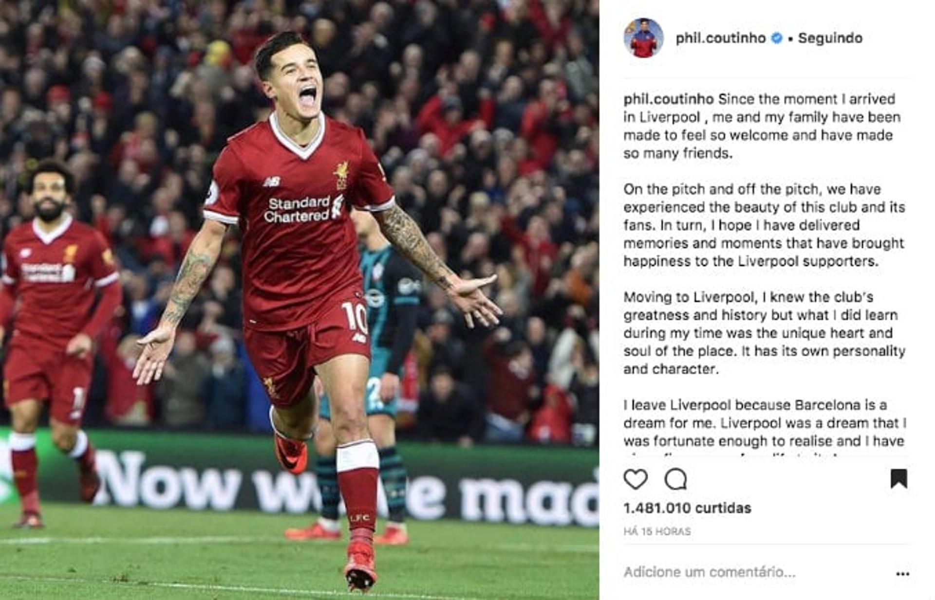 Coutinho se despede do Liverpool nas redes sociais
