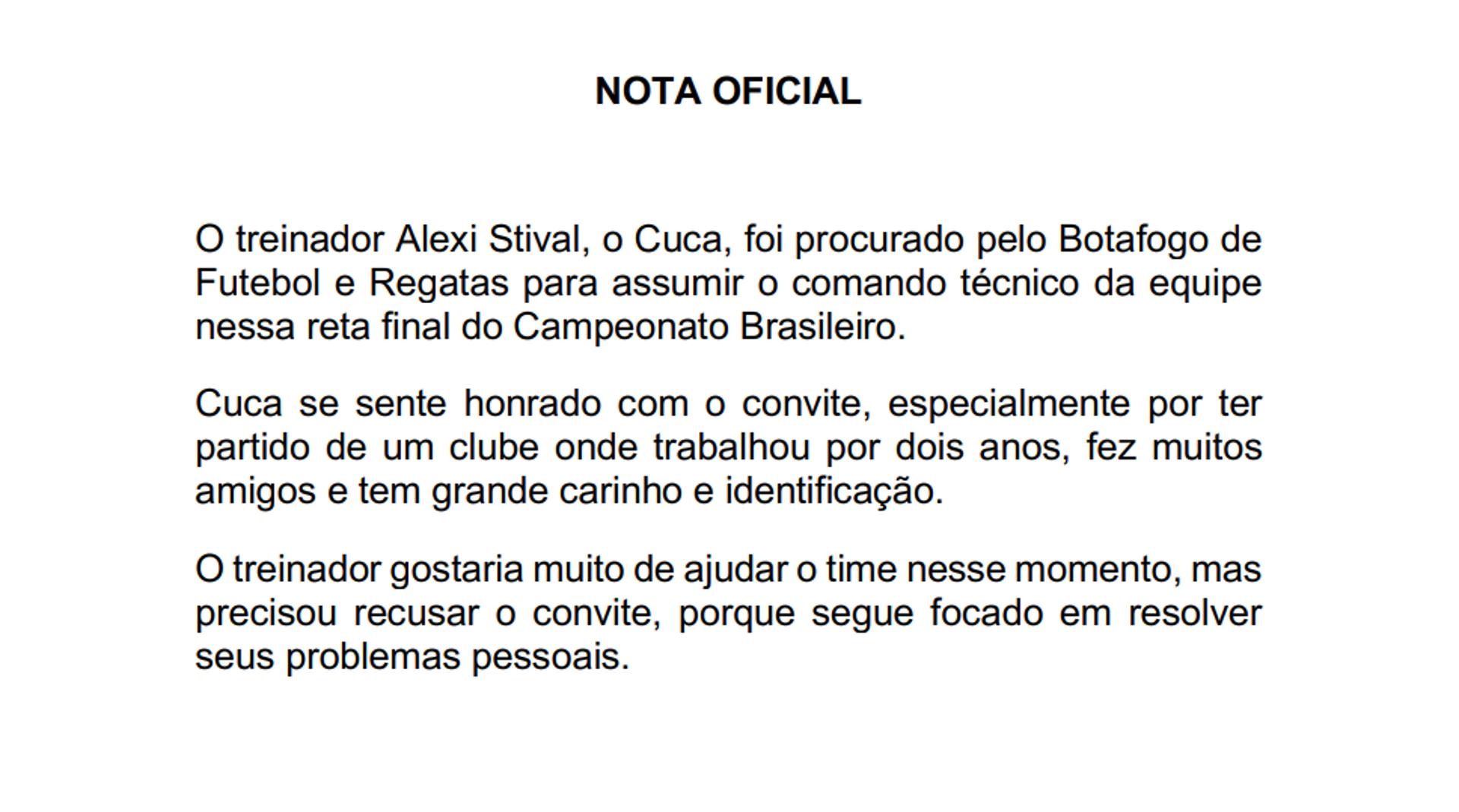 Nota Cuca sobre contato para treinar o Botafogo