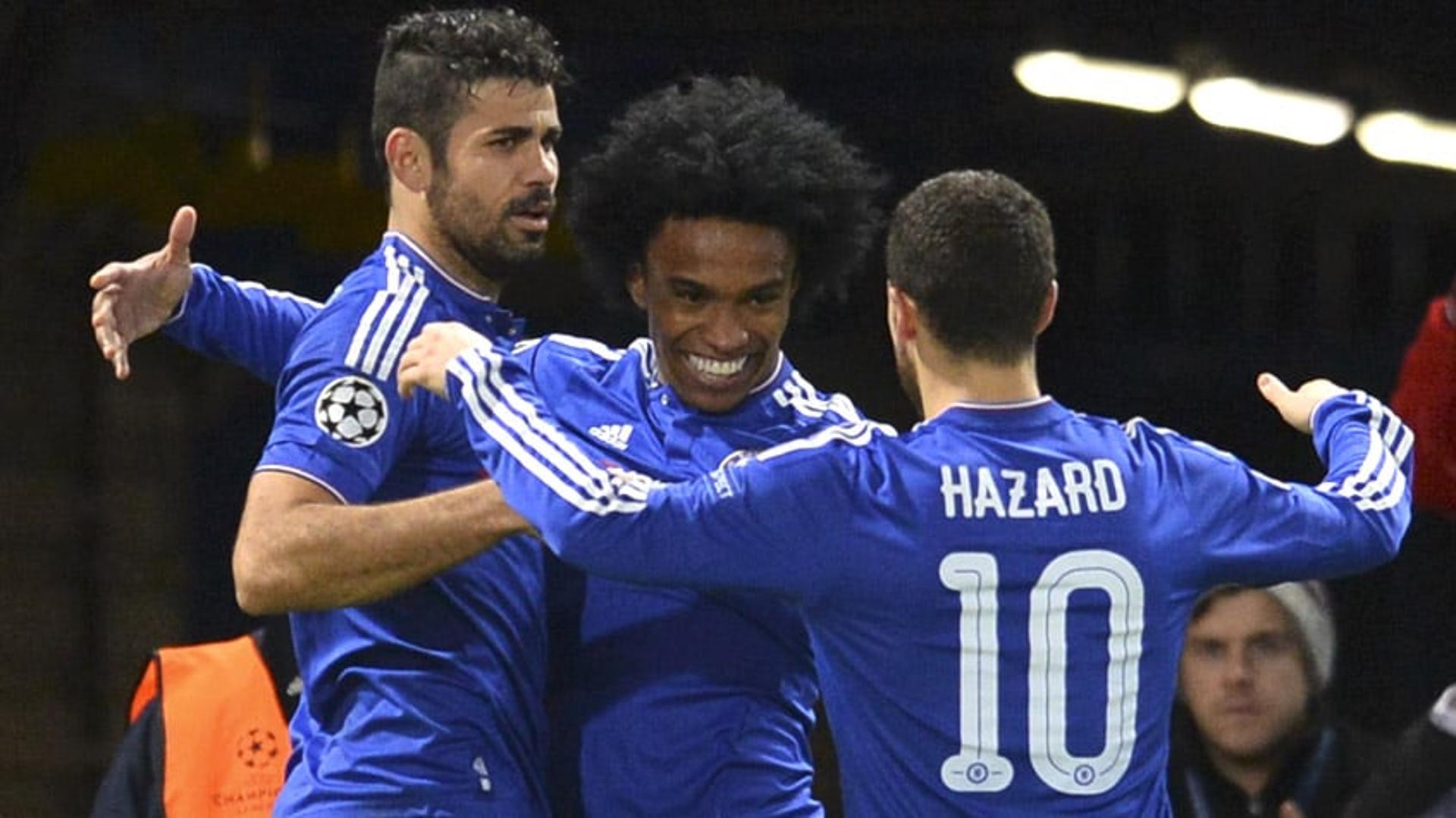 HOME - Chelsea x Porto - Liga dos Campeões - Diego Costa, Willian e Hazard (Foto: Glyn Kirk/AFP)