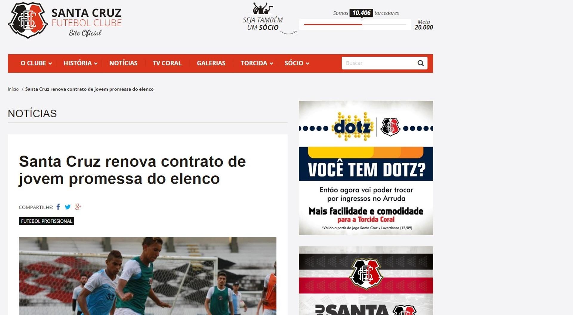 Site Oficial do Santa Cruz chegou a anunciar renovação de Marcílio (Foto: Reprodução)