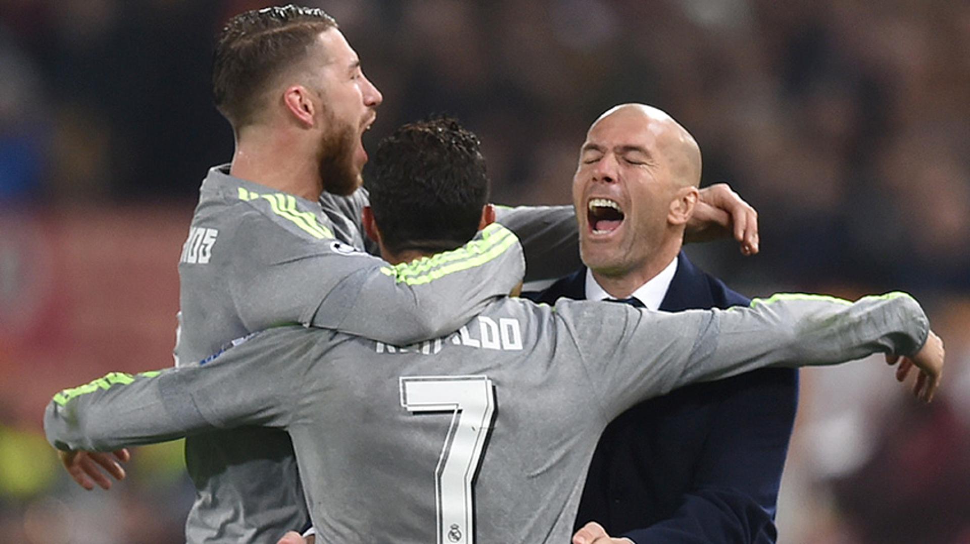 HOME - Roma x Real Madrid - Liga dos Campeões - Sergio Ramos, Cristiano Ronaldo e Zidane (Foto: Alberto Pizzoli/AFP)