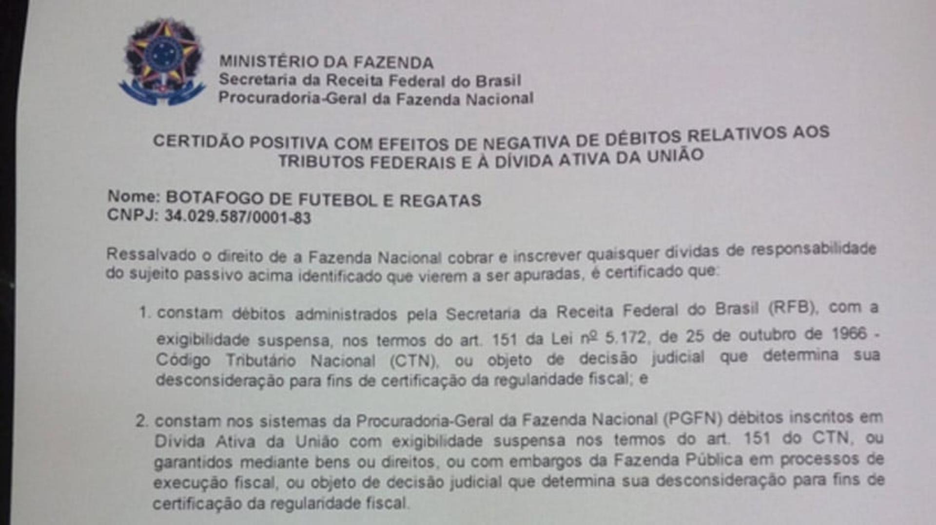 HOME - Certidão negativa de débitos do Botafogo (Foto: Reprodução)