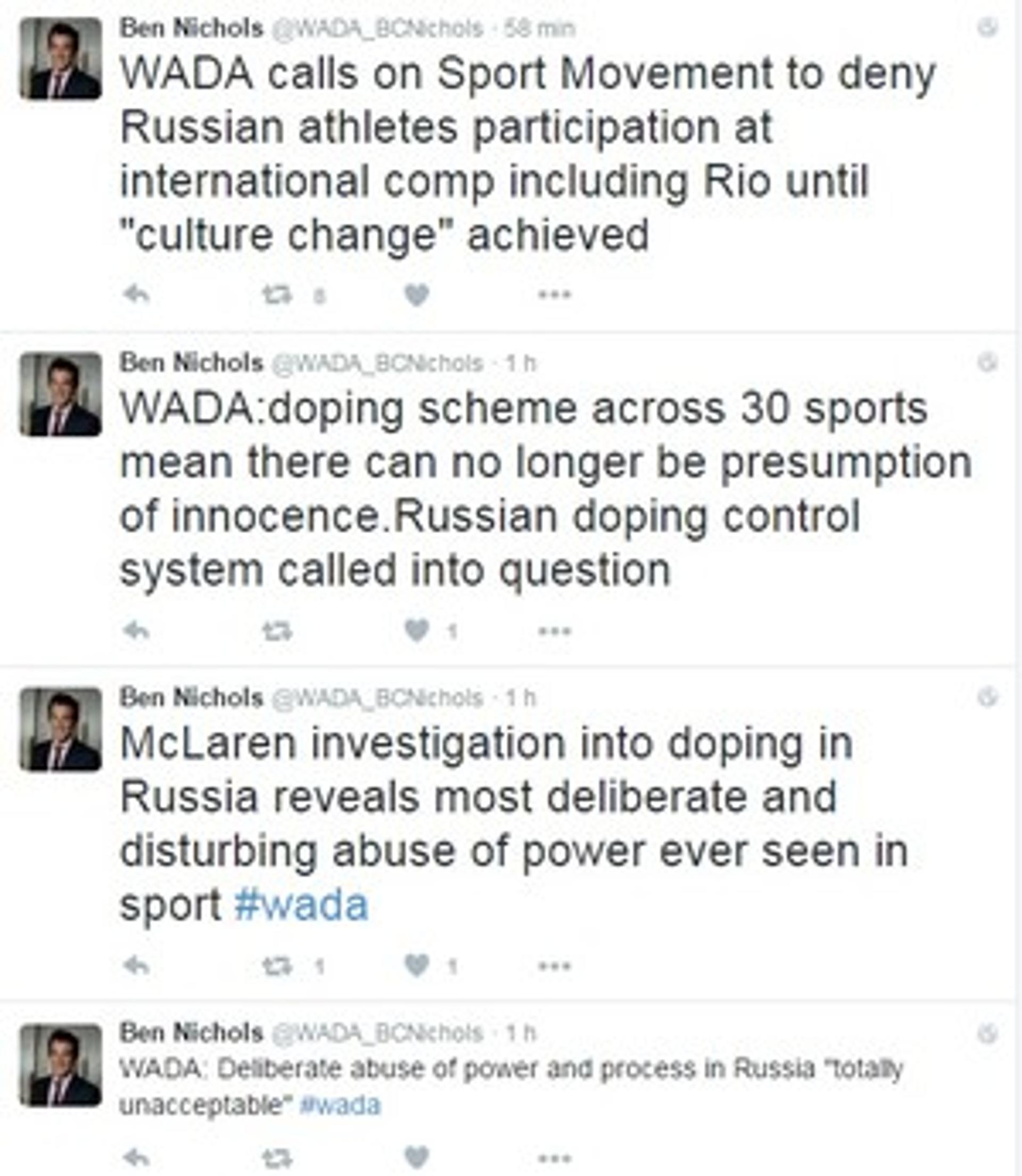 Porta-voz da Wada, Ben Nichols, comenta resultado de relatório sobre manipulação de controle antidoping (Foto: Reprodução / Twitter)