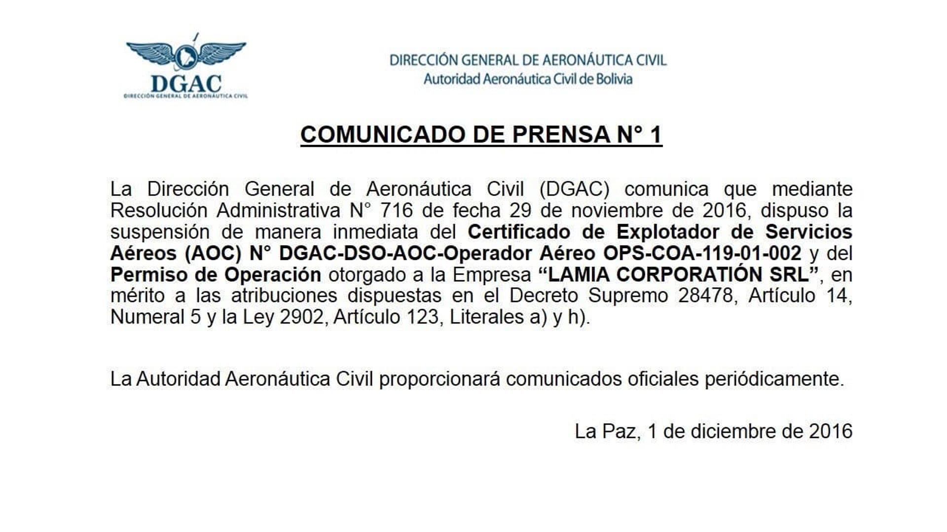 Comunicado do governo boliviano suspendendo o registro da Lamia