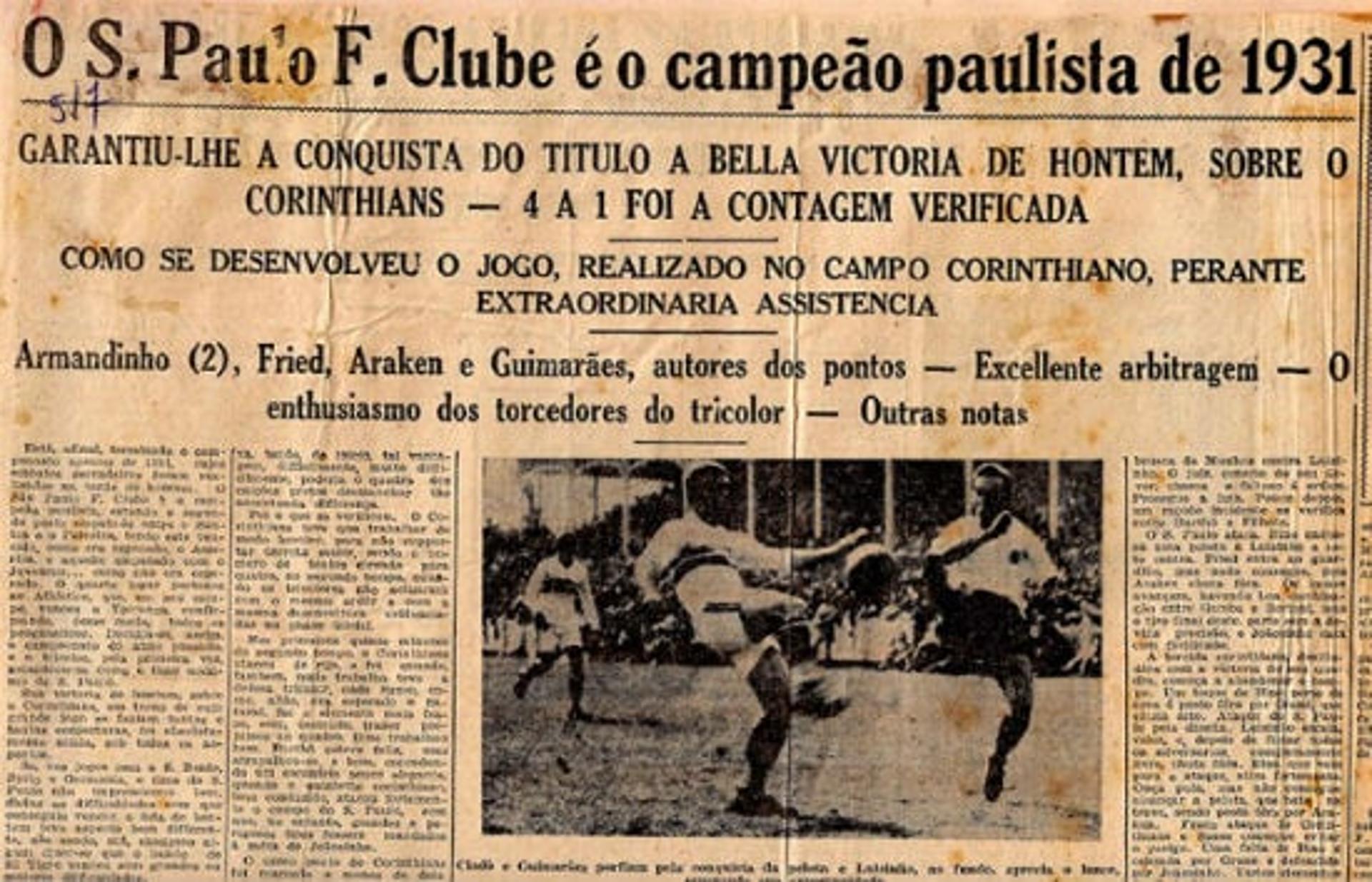 Recorte de jornal sobre o primeiro título tricolor