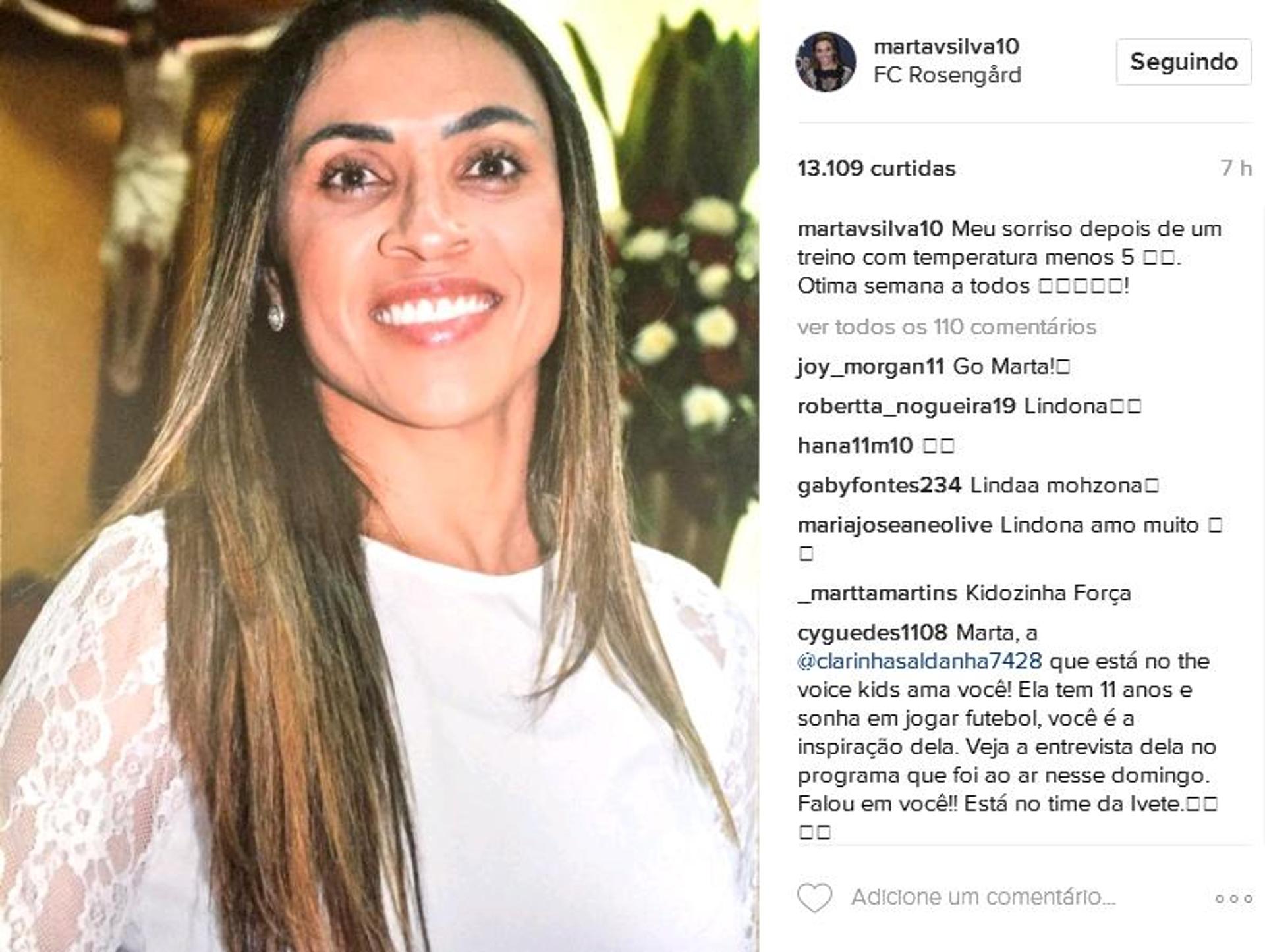 Marta posta foto sorridente e brinca com temperatura na Suécia