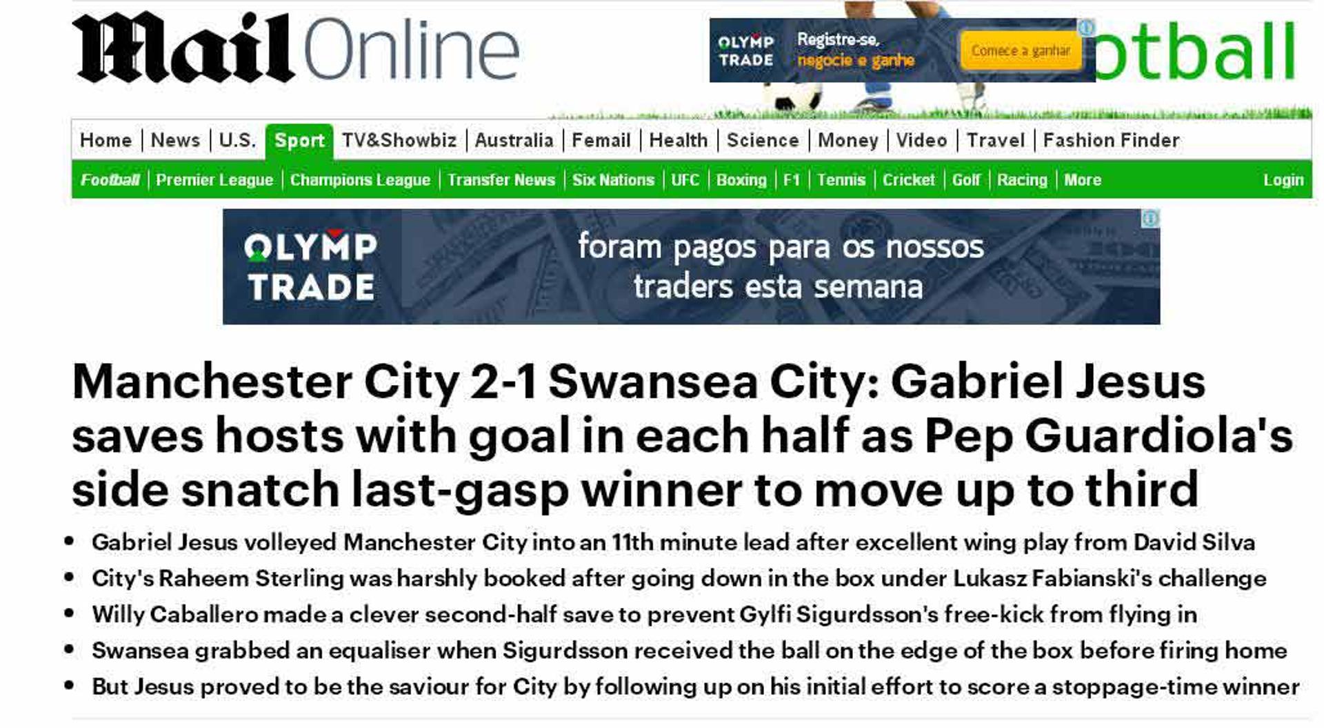 'Daily Mail': 'Gabriel Jesus provou ser o salvador dos anfitriões, ao marcar um gol em cada tempo para o City de Guardiola'