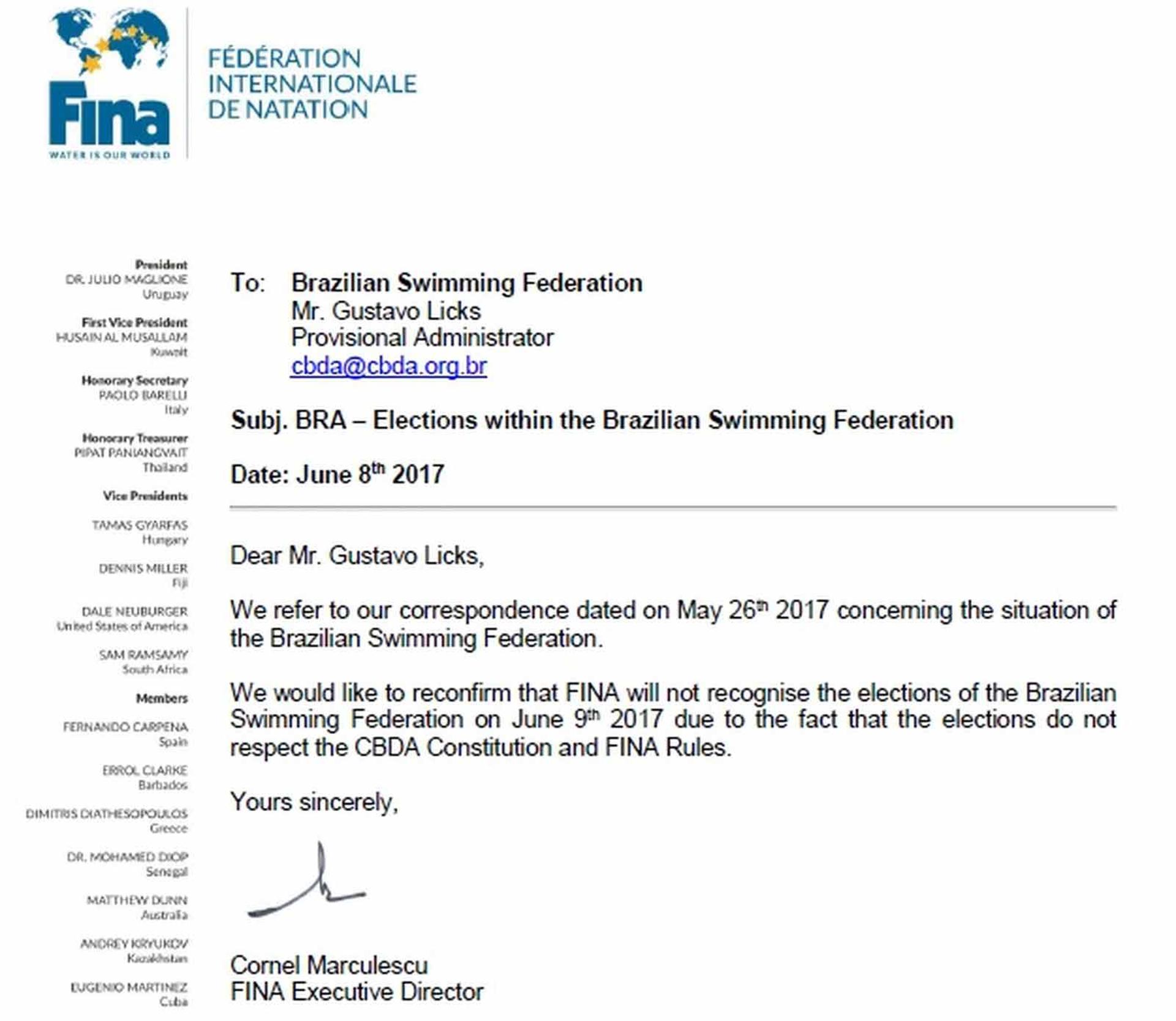 Fina veta interferência na autonomia das federações nacionais