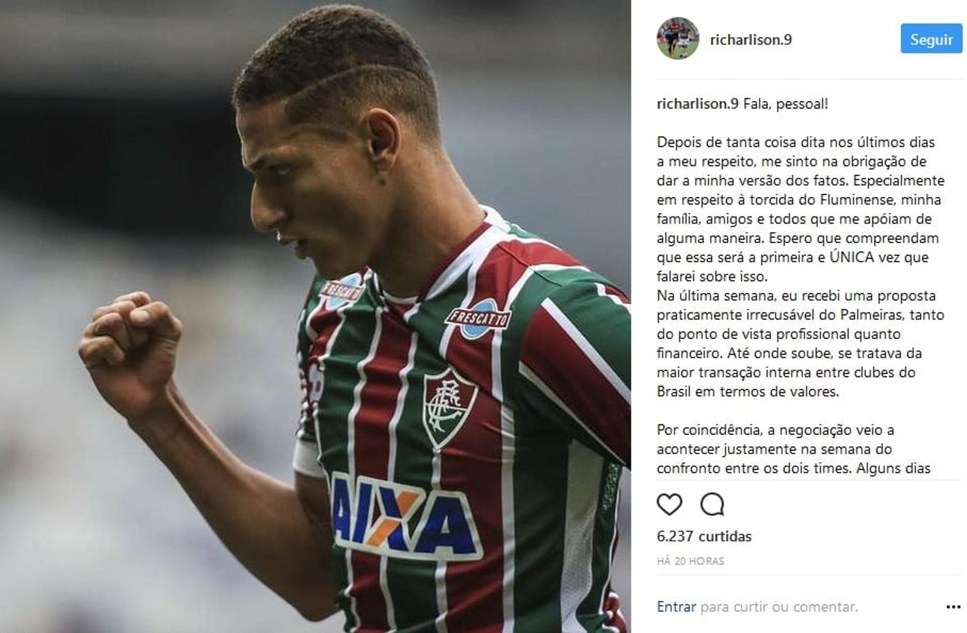 Na mira do Palmeiras, o tricolor Richarlison usou seu Instagram para se pronunciar e disparar: 'Não sou covarde'