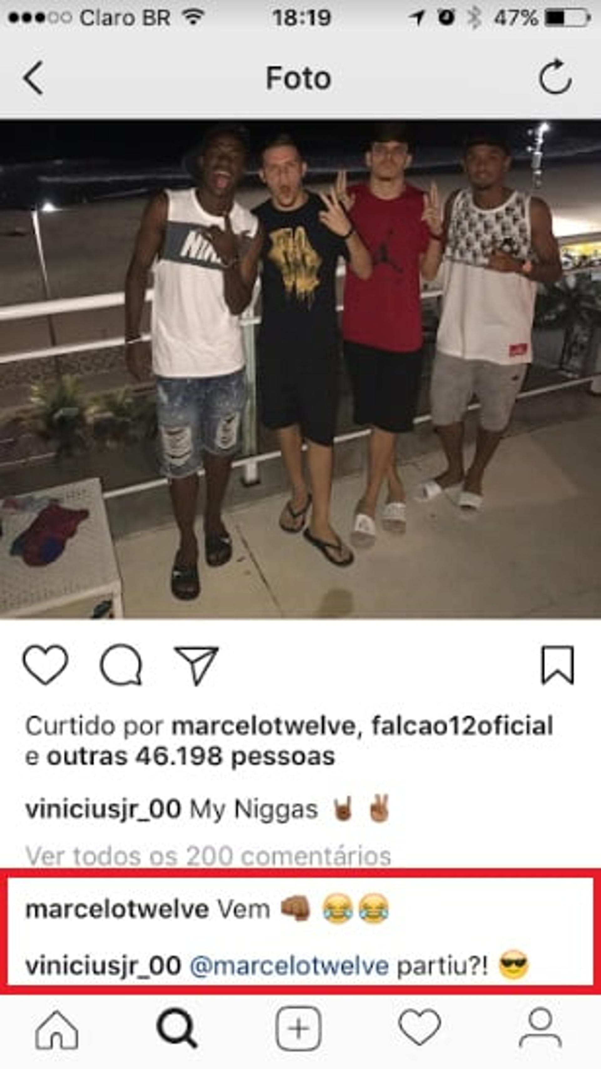 Marcelo comenta foto de Vinícius Júnior