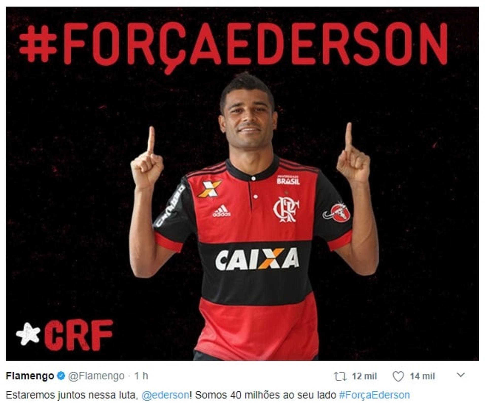 Com o tweet, "Estaremos junstos nessa luta, Ederson! Somos 40 milhões ao seu lado #ForçaEderson", o Flamengo iniciou uma corrente desejando força ao camisa 10 da equipe. Após a publicação, a hashtag #ForçaEderson se tornou o assunto mais falado do mundo na rede social.