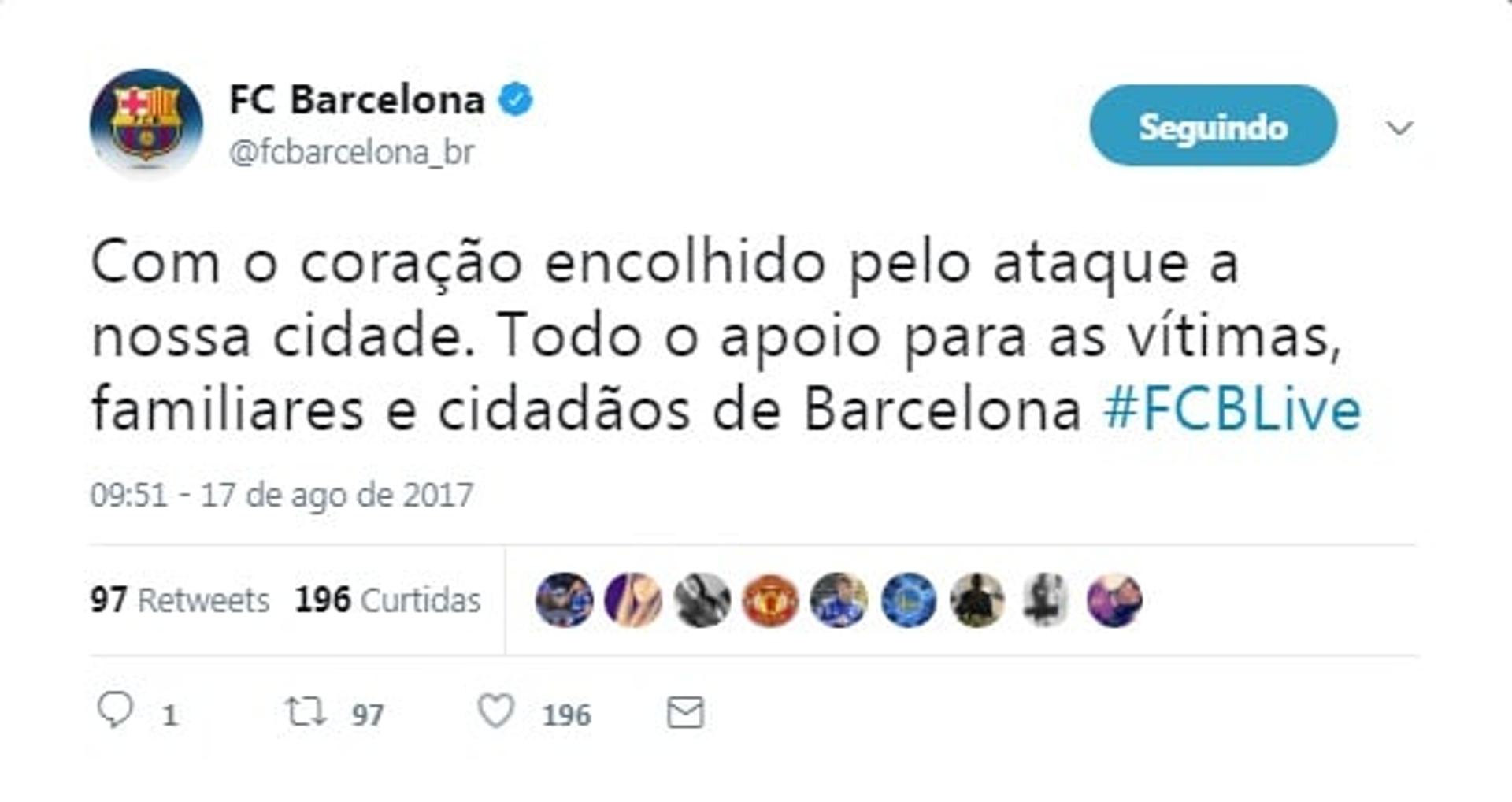 O perfil oficial do Barcelona publicou seu apoio as vítimas:<br>"Com o coração encolhido pelo ataque a nossa cidade. Todo apoio para as vítimas, familiares e cidadãos de Barcelona"