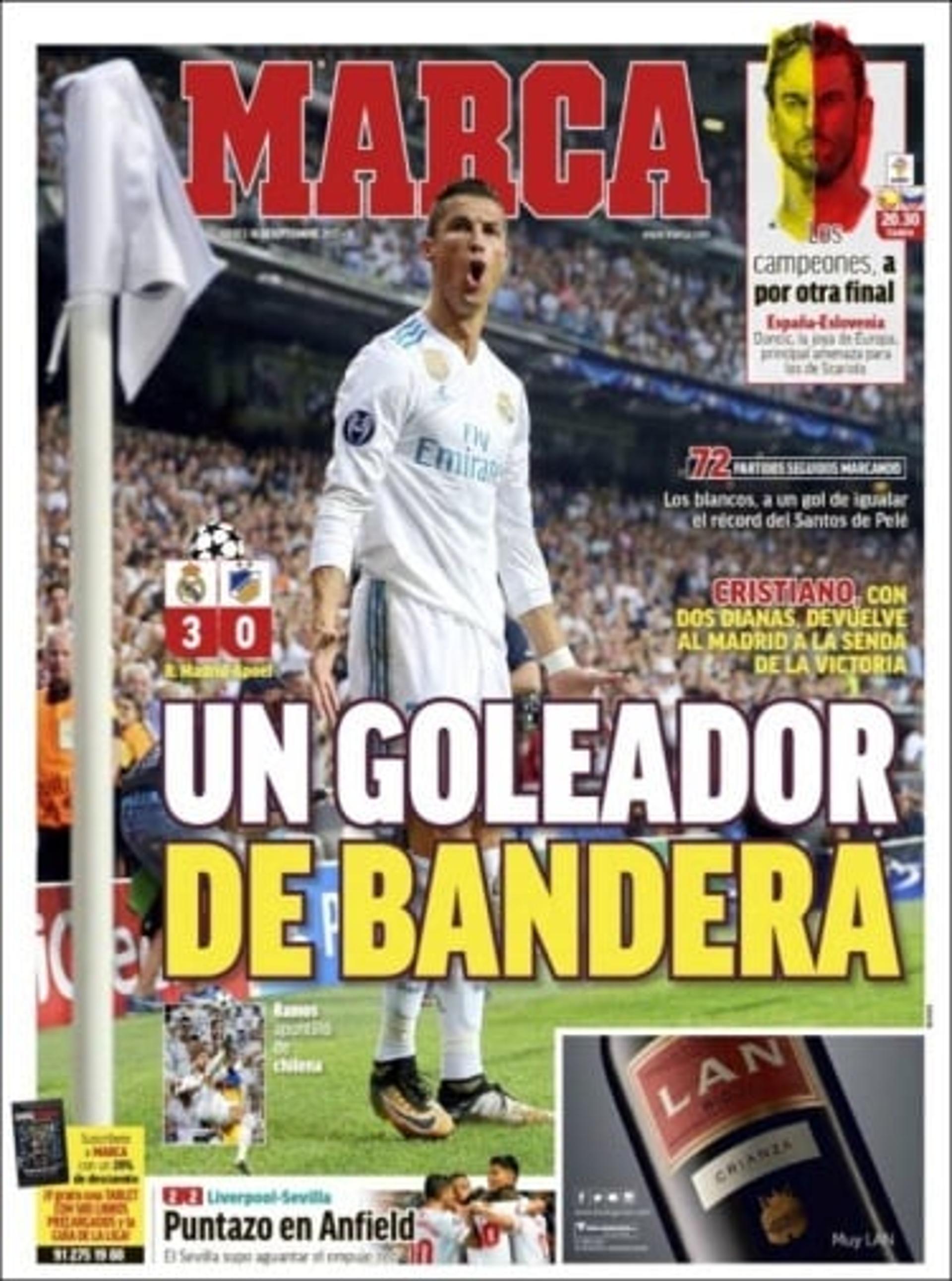 O jornal espanhol "Marca" destaca a vitória de 3 a 0 do Real Madrid sobre o Apoel. "Goleador Nato" é a manchete do diário, que ainda fala sobre o empate entre Liverpool e Sevilla por 2 a 2.